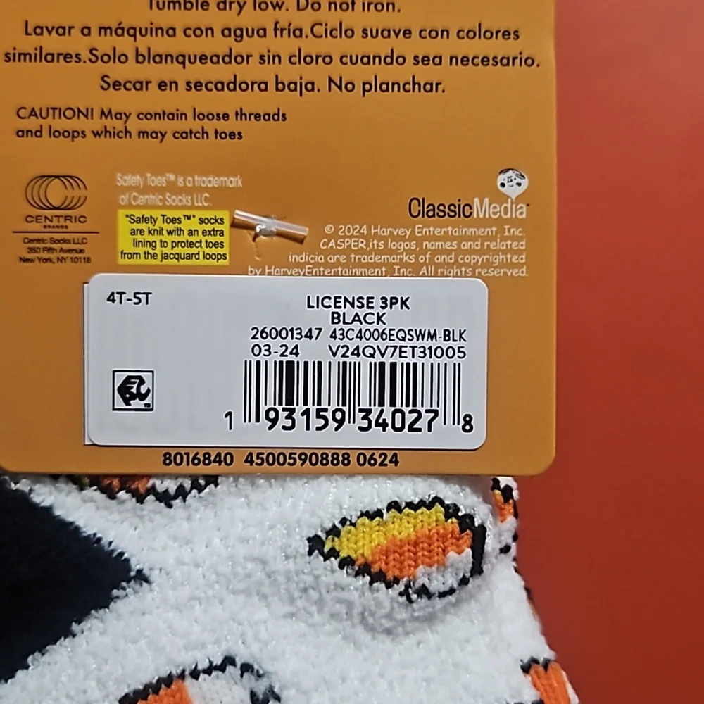 CASPER THE FRIENDLY GHOST 3 PK SOCKS: NEW WITH TAGS: SIZE 4T/5T